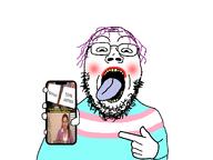 blush eyebrows eyes fat flag:transgender_pride_flag forehead_lines full_body glasses hand holding_object holding_phone lipstick looking_at_you meme mouth nose nostril open_mouth phone pink_hair pointing showing_phone showing_something stubble subvariant:gapejak_front teeth text tongue tongue_out tranny trans trans_rights transgender_flag transparent troon variant:gapejak white_background yellow_teeth // 1200x900 // 130.3KB