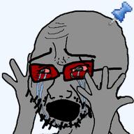 9a0c admin arm bloodshot_eyes crying glasses grey_skin hand hands_up janny open_mouth push_pin red_glasses stubble variant:cryboy_soyjak // 1064x1063 // 125.1KB