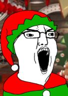 alternate background christmas christmas_tree clothes elf elf_hat glasses hair open_mouth soyjak variant:chudjak // 523x740 // 152.0KB