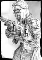 augmented drawing ear glasses greyscale half_body hand jacket pistol smile smug swastika variant:chudjak // 2480x3508 // 10.0MB