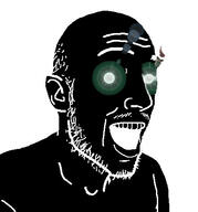 black_skin ear glowing_eyes green_eyes inverted mustache open_mouth soyjak stubble thougher variant:esam // 443x474 // 38.2KB