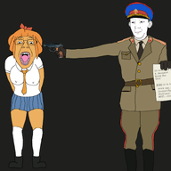(you) 2soyjaks anti_ongezellig arm big_breasts blood bloodshot_eyes breasts closed_mouth clothes collar_tabs communism dead death ear execution full_body glasses gun gunshot hair hand hat holding_gun holding_object holding_pistol kuz military_cap mymy_(ongezellig) necktie nkvd ongezellig orange_hair orange_skin pistol shooter shooting skirt soviet_union soyjak stalinism text uniform variant:bernd variant:kuzjak // 946x750 // 272.2KB