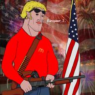 american_flag amerimutt blond chad closed_mouth full_body glasses gun holding_object mcdonalds mutt nas:amerimutt sunglasses text // 2898x2898 // 2.0MB