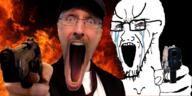 bloodshot_eyes cap clothes crying doug_walker fire firearm glasses gun hand hat holding_gun holding_object holding_pistol necktie nostalgia_critic open_mouth pistol soyjak stretched_mouth stubble variant:nostaljak variant:soyak weapon // 810x406 // 371.6KB