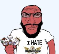 4soyjaks adeptus_mechanicus adeptus_ridiculous bloodshot_eyes closed_mouth crying glasses hand holding_object i_hate mustache punisher_face red_skin soyjak stubble subvariant:science_lover variant:bernd variant:markiplier_soyjak warhammer // 1017x935 // 509.0KB