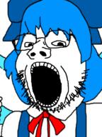 anime blue_eyes blue_hair bowtie cirno clothes glasses hair hair_ribbon hand soyjak touhou variant:gapejak video_game // 592x787 // 184.7KB