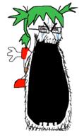 4chan anime arm bloodshot_eyes clothes crying glasses green_hair hair hand open_mouth soyjak stretched_mouth stubble thick_eyebrows tshirt variant:cryboy_soyjak yotsoyba // 403x649 // 55.3KB