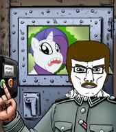 arm artist:curtsibling barneyfag ben_garrison brown_eyes brown_hair buff closed_mouth clothes door gas_chamber hand lee_goldson mustache my_little_pony rarity_(my_little_pony) soyjak subvariant:chudjak_front subvariant:muscular_chud text total_mare_death variant:chudjak // 500x569 // 179.1KB