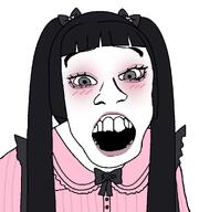 bow female frill looking_at_you makeup open_mouth pigtails pink_shirt subvariant:feralkei surprised suspenders teeth variant:feraljak // 925x985 // 194.7KB