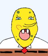 2018_int_mouth blue_eyes clothes large_nose necktie open_mouth soyjak spongebob_squarepants tongue variant:bernd yellow_skin // 432x505 // 14.8KB