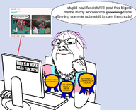 arm award awards comic computer flag flag:transgender_pride_flag glasses hair hand lipstick meme mouse purple_hair reddit smile smug speech_bubble stonetoss stubble text text_bubble toss tranny troon variant:gapejak white_skin // 613x498 // 246.7KB