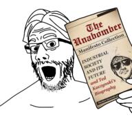 glasses hand manifesto open_mouth soyjak stubble ted_kaczynski variant:comicjak // 400x400 // 131.7KB