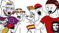 acne bad_teeth balding beret bicycle_helmet brainlet catalonia che_guevara clothes communism drool feminism flag glasses hairy hat helmet holding_flag holding_object lgbt meta:tagme nipple nose_piercing nose_ring open_mouth raised_fist_(symbol) retard soyjak stubble tshirt variant:soyak variant:wojak wojak // 1066x600 // 435.4KB