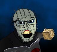arm box cenobite clothes evil glasses green_skin hand hellraiser horror lament_configuration open_mouth pinhead_(hellraiser) soyjak stubble variant:feraljak yellow_teeth // 1645x1500 // 539.6KB