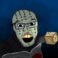 arm box cenobite clothes evil glasses green_skin hand hellraiser horror lament_configuration open_mouth pinhead_(hellraiser) soyjak stubble variant:feraljak yellow_teeth // 1645x1500 // 539.6KB