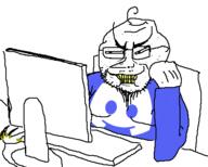 arm chair closed_mouth clothes computer discord glasses hand screen smile smug soyjak stubble table variant:unknown yellow_teeth // 452x363 // 16.5KB