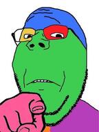 closed_mouth colorful frown glasses hand pointing pointing_at_viewer soyjak stubble subvariant:wholesome_soyjak variant:gapejak // 480x638 // 32.4KB