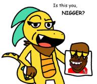 anthro artist:marioman7890 black_skin ceaera claws clothes ear furry hair kfc nigger oc open_mouth smug snake soyjak spikes stubble subvariant:impish_tyrone tyrone variant:impish_soyak_ears yellow_skin // 2048x1780 // 173.7KB