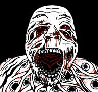 black_sclera blood body_horror demon horror multiple_eyes open_mouth soyjak stubble variant:bernd // 640x600 // 62.1KB