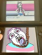 bloodshot_eyes crying dead flag glasses hair hanging hilda mustache nintendo nintendo_3ds open_mouth pokemon pokemon_bw purple_hair rope soyjak stubble suicide tongue tranny unova variant:bernd video_game yellow_teeth // 750x983 // 1.1MB