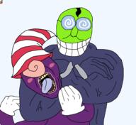 bloodshot_eyes crying fawful glasses green_skin mario mario_and_luigi_(series) open_mouth paper_mario purple_skin rope smile soyjak strangling suicide tongue tranny variant:bernd vivian_(paper_mario) // 1895x1734 // 466.2KB