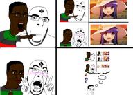 ahegao angry anime bbc bernkastel black_skin bloodshot_eyes blush bwc closed_mouth furude_rika glasses hand higurashi holding_object looking_up multiple_soyjaks neutral open_mouth pan_african pen pointing queen_of_spades smirk smug soyjak stubble tattoo tbp umineko variant:chudjak variant:cobson video_game // 2380x1714 // 1.2MB