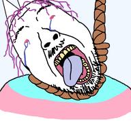 bloodshot_eyes cat_ear clothes crying hanging mustache no_glasses noose open_mouth purple_hair series:unfunnycreature soyjak stubble tear teeth tongue tranny transgender_flag unfunny_creature variant:bernd // 768x719 // 28.9KB
