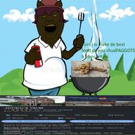 cat_ear clothes fat full_body greentext grill hat holding_object jimbo's_grill jimbo_(namefag) jimbo_(user) meta:namefags nigger niko_(oneshot) obese poop tranny trend:slopjak variant:alicia yellow_sclera yellow_teeth // 800x800 // 657.4KB