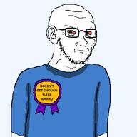 arm award badge bloodshot_eyes blue_shirt closed_mouth clothes dirty_clothes ear eyebags glasses pajamas ribbon sleep_deprived soyjak stubble sweater sweating text tired variant:soyak // 600x600 // 10.6KB