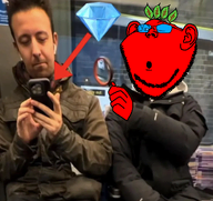 beetroot broot_(user) clothes gem irl irl_background jacket magnifying_glass meme one_eye_closed phone red_skin series:brootmoji train variant:impish_soyak_ears // 1179x1113 // 875.4KB