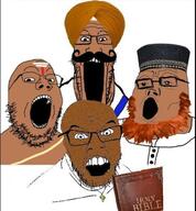 4soyjaks angry beard bible bindi clothes cross glasses hat mustache open_mouth soyjak soyjak_trio stretched_mouth stubble text turban variant:feraljak variant:gapejak variant:markiplier_soyjak variant:tony_soprano_soyjak // 580x626 // 469.7KB