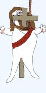 anhero arm beard blood bloodshot_eyes brown_hair christianity clothes cross crucifixion crying full_body glasses gore hair hand hanging jesus mustache open_mouth religion rope soyjak tongue variant:bernd yellow_teeth // 576x1163 // 236.8KB