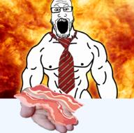 arm bacon buff clothes fire food giving glasses hand holding_object irl necktie nipple open_mouth soyjak stubble variant:markiplier_soyjak // 900x891 // 934.2KB