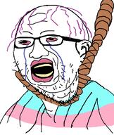 bloodshot_eyes clothes crying ear glasses hair hanging open_mouth purple_hair rope soyjak stubble suicide tranny variant:unknown yellow_teeth // 821x971 // 93.2KB