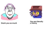animal cat clothes front_facing glasses hair hat keyed meme meta:Not_OC mustache niko niko_(oneshot) oneshot open_mouth purple_hair scarf smile soyjak sparkle stubble tranny transgender_flag troon variant:bernd // 800x600 // 149.2KB