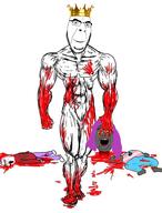 3soyjaks a_(4chan) blood buff clothes country crown dead decapitation fat flag full_body glasses gore grey_skin hair hat holding_object king lolkek morocco open_mouth purple_hair smile soyjak stubble tranny variant:alicia variant:chudjak variant:cobson white_skin // 1476x1944 // 1.3MB