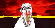 angry beard blood blood_from_ears blood_from_mouth blood_on_face blood_spray bloodshot_eyes clenched_teeth cracked_teeth ear glasses nosebleed red_sky shock_dimension soyjak subvariant:feralrage variant:feraljak vein yellow_water // 1488x777 // 903.3KB