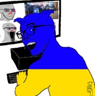 2soyjaks animal closed_mouth computer double_standarts flag glasses hand hands_up hypocrisy hypocrite maidan open_mouth pig place place_japan russia smile soyjak stubble subvariant:soyak_(smug) subvariant:wewjak ukraine variant:excited_soyjak variant:soyak variant:zoomer_on_computer vatnik // 696x701 // 123.6KB