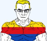 arm blue_eyes buff closed_mouth clothes flag flag:north_holland glasses hair netherlands north_holland soyjak subvariant:chudjak_front subvariant:muscular_chud transparent transparent_background tshirt variant:chudjak vein yellow_hair // 1059x929 // 36.3KB