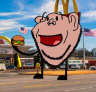 amerimutt autism battle_for_dream_island brown_skin ear flag full_body gassy hamburger happy holding_object irl_background mcdonalds mutt objectsoy open_mouth soyjak stubble subvariant:impish_amerimutt united_states variant:impish_soyak_ears // 1070x1028 // 618.2KB
