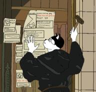 arm classical_art_parody closed_mouth drawn_background fangs fox furry glasses hammer hand holding_hammer holding_object martin_luther painting paper redraw robe side_profile soyjak soyjak_party text thread variant:chudjak // 560x538 // 131.6KB