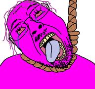 ack bloodshot_eyes crying death glasses hair hanging looking_up mustache noose open_mouth pink pink_skin purple_hair rope series:gigachadhero's_colorful_troonjaks soyjak stubble suicide tongue tongue_out tranny variant:bernd white_background yellow_teeth // 768x719 // 29.9KB