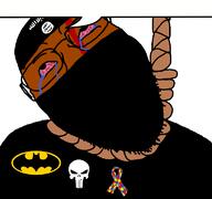 Warrior-Z(user) ack autism batman bloodshot_eyes brown_skin crying dead dress flag:isis glasses hanging isis islam jihad jihadist kratos punisher rope shitskin soyjak speech_bubble stubble suicide template tongue transparent_background variant:bernd // 768x719 // 44.9KB