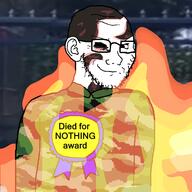 Aaron_Bushnell arm award badget burning died_for_nothing_award fire glasses israel its_over palestine smile smug soldier soyjak stubble text variant:soyak // 600x600 // 135.6KB