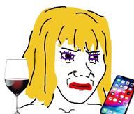closed_mouth female frown glass hair iphone makeup phone soyjak subvariant:female_soyak variant:soyak wine wine_aunt yellow_hair // 936x800 // 574.5KB