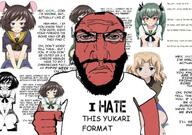 angry balding beard closed_mouth clothes comic_sans fist girls_und_panzer glasses glasses_askew hair hand hands_up holding_object i_hate lips open_mouth punisher_face red_skin school_uniform stubble subvariant:chudjak_front subvariant:science_lover text tshirt variant:chudjak variant:markiplier_soyjak // 640x449 // 79.9KB