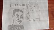 animal closed_mouth clothes dog doge glasses hair irl photograph redraw smile smug soyjak speech_bubble text total_nigger_death traditional_media variant:chudjak // 4000x2240 // 2.4MB