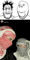 2soyjaks arab clothes hat iraq iraqi irl islam keffiyeh looking_at_each_other smile smirk text variant:gapejak variant:markiplier_soyjak // 1500x3000 // 1.5MB