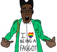 black_skin chromakopia faggot glasses i_love lgbt nigger open_mouth pointing soyjak stubble tyler_the_creator variant:shirtjak // 618x559 // 60.6KB