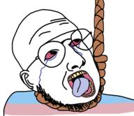 bloodshot_eyes crying ear flag ftm glasses hanging open_mouth rope smile soyjak stubble suicide tongue tranny variant:raffer yellow_teeth // 1585x1369 // 452.5KB